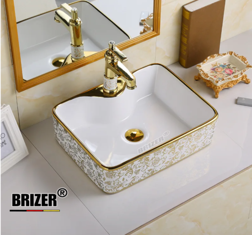 Chậu Lavabo Rửa Mặt Đặt Bàn Hoa Văn Vàng Brizer BZ8437