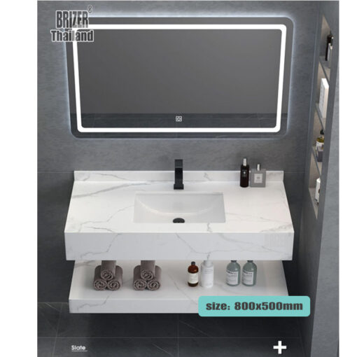 Bàn Đá 2 Tầng Trắng Nhám Lavabo Âm Tràn Viền Chống Trầy KT 80x50cm + Gương Led Cảm Ứng Brizer BZ504