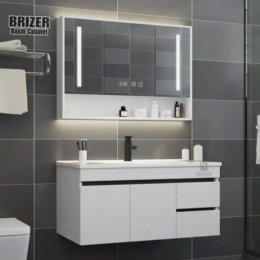 Tủ Lavabo Nhựa PVC Trắng Kèm Tủ Gương Led Brizer BZ814