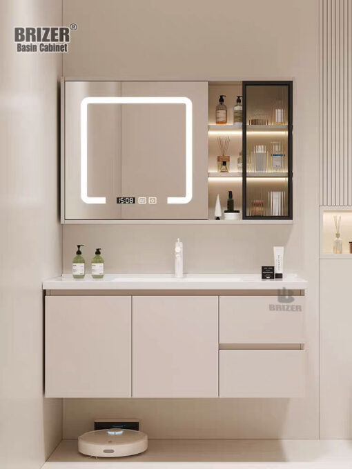 Tủ Lavabo Nhựa PVC Màu Be Kèm Tủ Gương Led Brizer BZ813