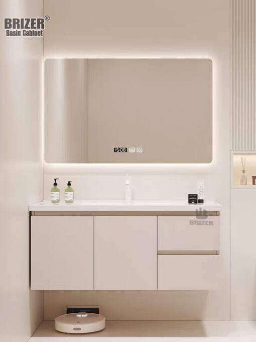 Tủ Lavabo Nhựa PVC Màu Be Kèm Gương Led Brizer BZ801