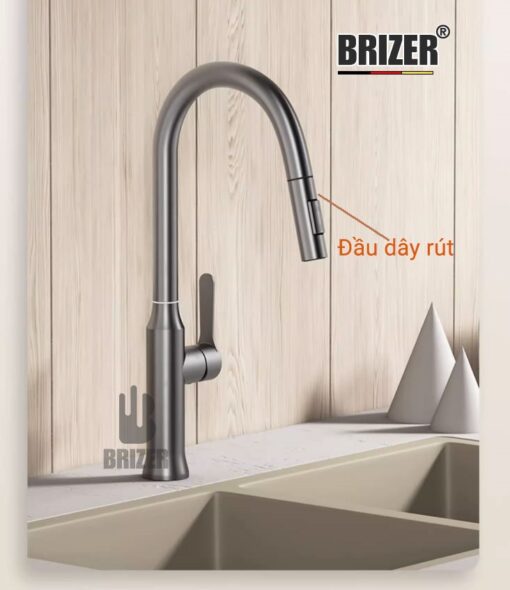 Vòi Rửa Chén Nóng Lạnh Dây Rút Đồng Thau Mạ TiTan Xám Brizer BZ1006