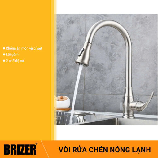 Vòi Rửa Chén Rút Dây Nóng Lạnh Inox 304 Brizer BZ2026