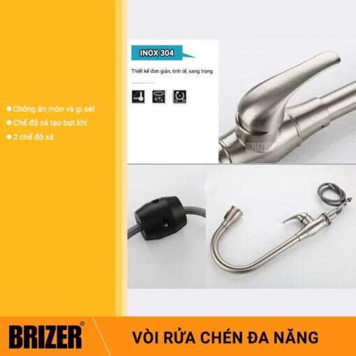 Vòi Rửa Chén Rút Dây Nóng Lạnh Inox 304 Brizer BZ2026 - Hình ảnh 4