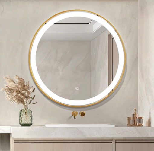 Gương Led Tròn Khung Nhôm Vàng