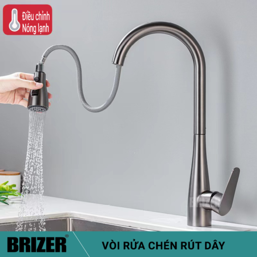 Vòi Rửa Chén Nóng Lạnh Dây Rút TiTan Xám Brizer BZ2033 - Hình ảnh 2